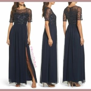 NEW Adrianna Papell Beaded Bodice Mesh Gown in Midnight Blue [SZ 6 ]‎